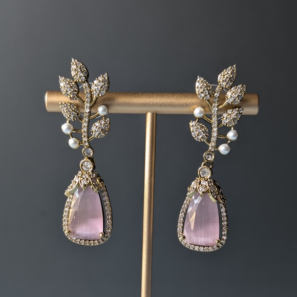 Jewelry - Gold Leaf Drop Earrings with Pink